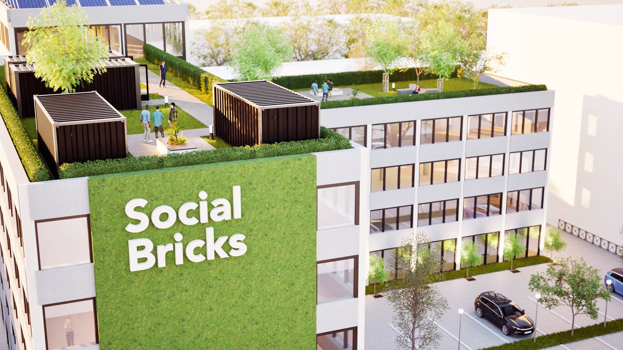 Impressie van het dak van Social Bricks met daktuin, zonnepanelen en groene gevel