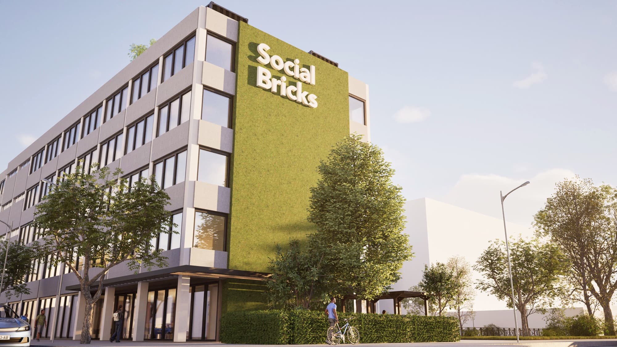 Impressie van de groene gevel van Social Bricks